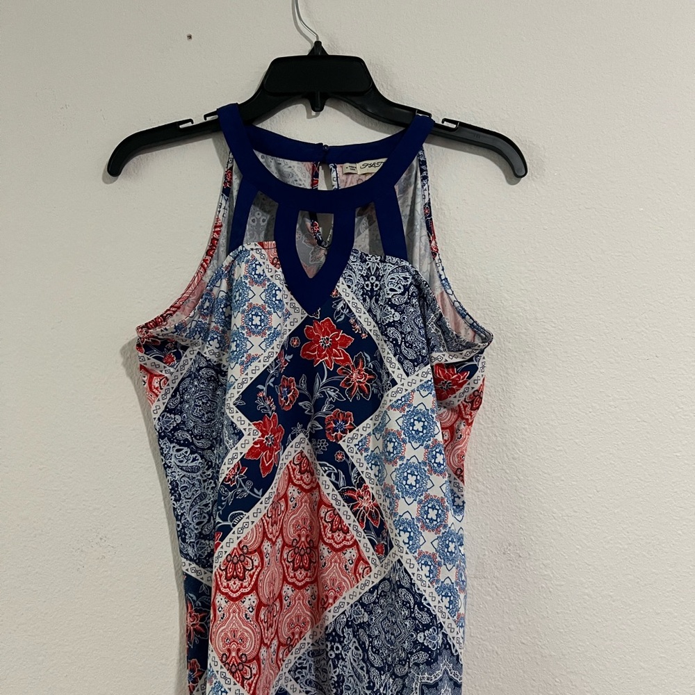 FLJ Studio Elegant Patchwork Halter Top‎ - Navy and Coral, Size M